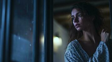 AI generated Woman looks out the window hopefully at night. Generative AI photo