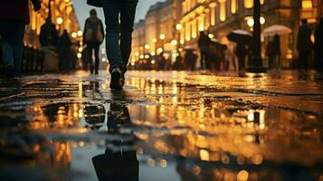 ai generado personas caminando en mojado calle a noche cuando calle lamparas iluminar el noche. generativo ai foto