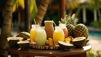 ai generado refrescante tropical bebidas y Fruta en un de madera mesa, Perfecto para un verano día. generativo ai foto