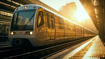 ai generado un tren Moviente a lo largo el rieles durante puesta de sol. generativo ai foto