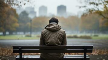 AI generated A person sitting on a bench in rainy weather against a city view Generative AI photo