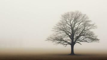 AI generated A solitary tree emerges from the mist on an open field. Generative AI photo