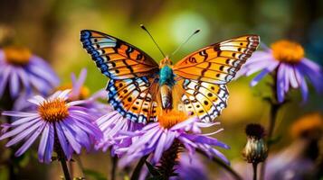 ai generado un mariposa encaramado en púrpura flores generativo ai foto