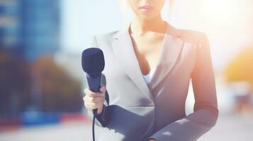 AI generated A professional woman in a suit confidently holds a microphone, ready to speak at an event or presentation. Generative AI photo