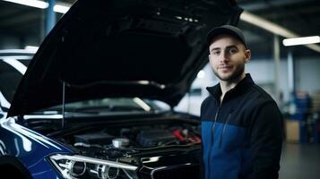 ai generado confidente técnico en pie siguiente a un coche con el capucha abierto. generativo ai foto