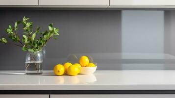 AI generated White counter top with two lemons and a plant. Generative AI photo