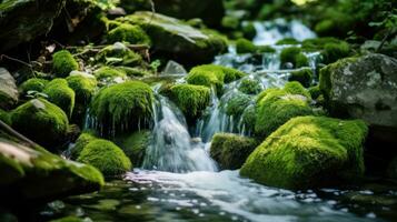 AI generated A serene stream of water cascading over rocks covered in lush green moss. Generative AI photo