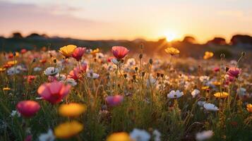 ai generado un vibrante campo de flores a atardecer, con el Dom brillante brillantemente en el antecedentes. generativo ai foto