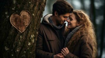 ai generado un Pareja compartiendo un romántico momento en frente de un árbol con un en forma de corazon forma simbolizando su amor. generativo ai foto