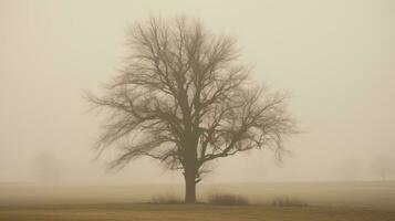 AI generated A solitary tree emerges from the mist on an open field. Generative AI photo