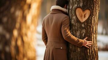 ai generado un corazón tallado dentro un árbol, simbolizando amor y expectativa, y un hombre esperando con nostalgia siguiente a él. generativo ai foto