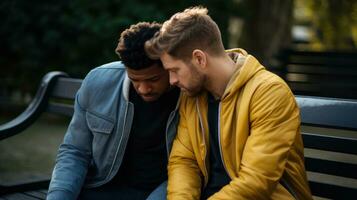 AI generated Two friends sharing a sad moment with each other on a park bench. Generative AI photo