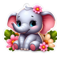 AI generated Elephant Calf in a Floral Ring, Sticker png