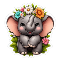 AI generated Elephant Calf in a Floral Ring, Sticker png