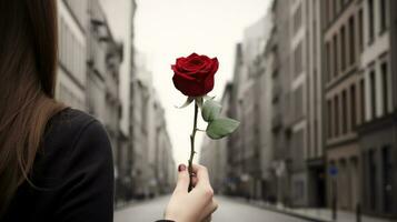 AI generated Woman holding red rose on city street. Generative AI photo