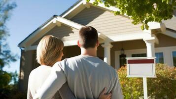 AI generated Couple standing in front of a house they are going to buy. Generative AI photo