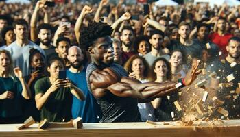 ai generado atleta rompe un de madera bloquear con su mano en frente de el multitud. generativo ai foto