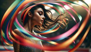 AI generated The female dancer creates a magnificent image with colorful ribbons in her hands. Generative AI photo