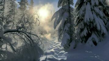 ai generado un sereno invierno escena de un Nevado bosque con alto arboles cubierto en nieve, creando un pintoresco paisaje. generativo ai foto