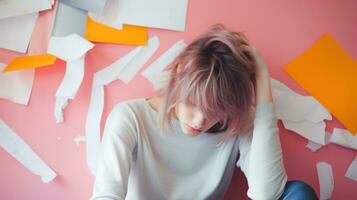 AI generated Stressed woman sitting in a room with papers on the wall. Generative AI photo