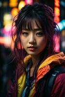 AI generated Young woman with colorful hair in neon lights photo