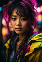 AI generated Young woman with colorful hair in neon lights photo