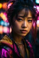 AI generated Young woman with colorful hair in neon lights photo
