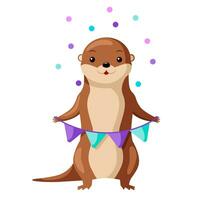 Joyful otter with colorful confetti banner. vector