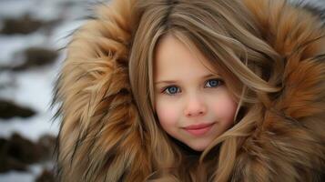 AI generated A young girl with blue eyes wearing a fur coat. Generative AI photo