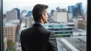 ai generado empresario en traje mirando fuera ventana. generativo ai foto