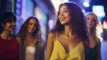 ai generado un grupo de mujer en pie juntos en un ciudad calle a noche, iluminado por el ciudad luces. generativo ai foto