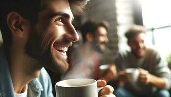 ai generado amigos con su caras adornado con calentar sonrisas son felizmente Bebiendo café. generativo ai foto