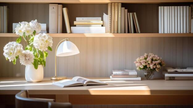 AI generated A desk with books and flowers placed in front of a window, creating a serene and inviting workspace. Generative AI photo