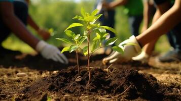 ai generado personas plantando un árbol en el suelo. generativo ai foto