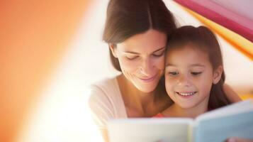 ai generado un mujer y niña absorto en un libro. generativo ai foto