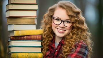 AI generated A girl with red hair and glasses holding a stack of books. Generative AI photo