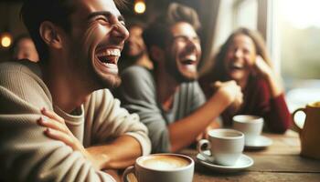 ai generado amigos con su caras adornado con calentar sonrisas son felizmente Bebiendo café. generativo ai foto