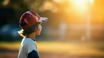 ai generado un joven chico vistiendo un béisbol gorra en un campo, Listo a jugar. generativo ai foto