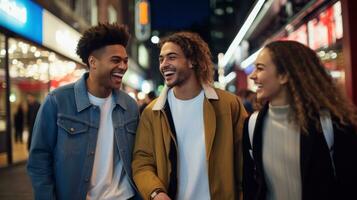 AI generated Three young people laughing and smiling in the city. Generative AI photo