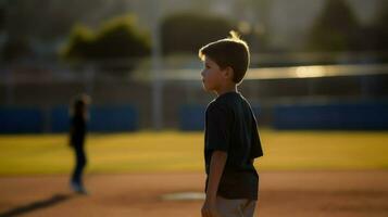 ai generado un joven chico soportes en un béisbol campo, Listo a jugar. generativo ai foto