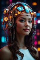 AI generated female cyborg with mechanisms and wires in head, digital technological as a background photo