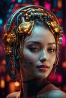 AI generated female cyborg with mechanisms and wires in head, digital technological as a background photo