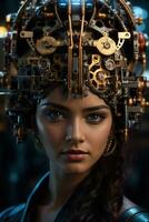 AI generated female cyborg with mechanisms and wires in head, digital technological as a background photo