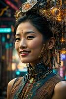 AI generated female cyborg with mechanisms and wires in head, digital technological as a background photo