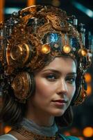 AI generated female cyborg with mechanisms and wires in head, digital technological as a background photo