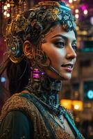 AI generated female cyborg with mechanisms and wires in head, digital technological as a background photo