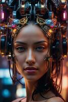 AI generated female cyborg with mechanisms and wires in head, digital technological as a background photo