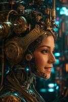 AI generated female cyborg with mechanisms and wires in head, digital technological as a background photo