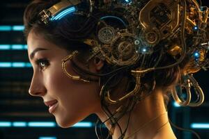AI generated female cyborg with mechanisms and wires in head, digital technological as a background photo