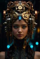 AI generated female cyborg with mechanisms and wires in head, digital technological as a background photo